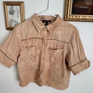 Whimsical Green Tea & Cacao Plant Dyed Cotton Button-Down Short Sleeve Shirt